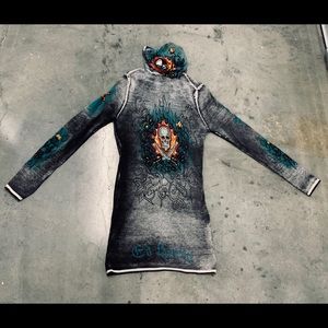 ED HARDY Zip Up Hoodie Embellished Skull SZ Large